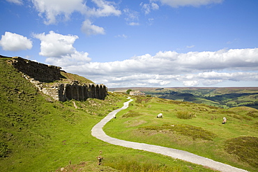 Remains of kilns from old ironstone workings on Rosedale Moor with view to Esk Dale valley, North York Moors National Park, North Yorkshire, Yorkshire, England, United Kingdom, Europe