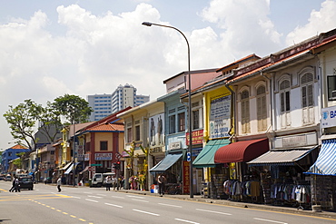 Colourful old shophouses in Serangoon Road, main commercial thoroughfare in Little India, Singapore, Southeast Asia, Asia