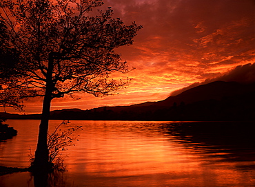 Red sky at sunset, Coniston Water, Consiton, Lake District, Cumbria, England, United Kingdom, Europe