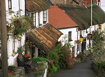 The Rising Sun hotel and thatched buildings, Lynmouth, Devon, England, United Kingdom, Europe