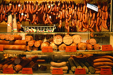 Many varieties of sausages for sale in the market, Budapest, Hungary, Europe