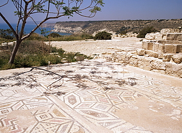 Mosaic among the cliff top ruins, Curium (Kourion) (Kurion), Cyprus, Europe