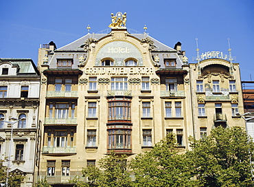 The Art Nouveau facade of the Grand Hotel d'Europe, Wenceslas Square, Prague, Czech Republic, Europe