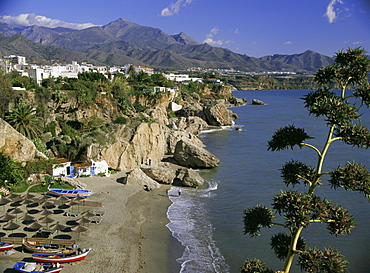 Salon Beach from Balcon de Europe, Nerja, Andalucia (Andalusia), Spain, Europe