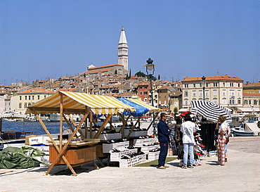 Market stalls on the quayside, Rovinj, Croatia, Europe