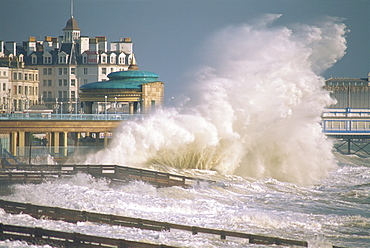 Waves pounding bandstand, storm in Eastbourne, East Sussex, England, United Kingdom, Europe