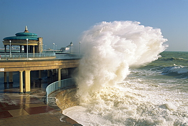 Waves pounding bandstand, storm in Eastbourne, East Sussex, England, United Kingdom, Europe