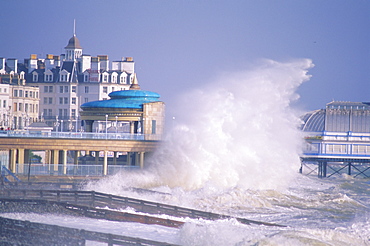 Waves pounding bandstand in a storm on the south coast, Eastbourne, East Sussex, England, UK, Europe