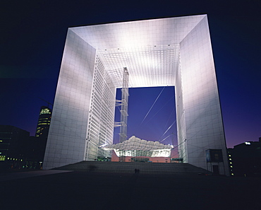 Exterior of La Grande Arche illuminated at night, La Defense, Paris, France, Europe