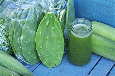 Close-up of Mexican drink of cactus, aloe vera, lemon, garlic and honey in a jar, Mexico, North America