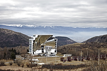 The solar furnace that can reach temperatures up to 3500 degrees C (6330 degrees F) at Odeillo in the Pyrenees-Orientales, France, Europe