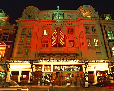 Exterior of the Apollo Theatre illuminated at night, Shaftesbury Avenue, London, England, United Kingdom, Europe