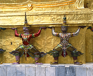 Detail of mythological figures at the Temple of the Emerald Buddha (Wat Phra Kaeo) (Wat Phra Kaew) in the Royal Palace area, Bangkok, Thailand, Southeast Asia, Asia