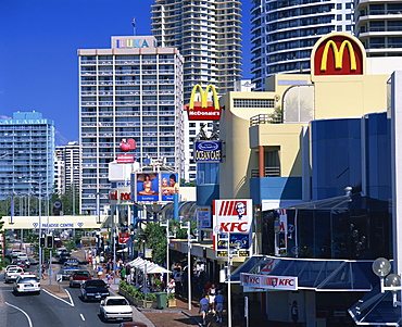 High angle view of a street scene, with fast food outlet signs, in Surfers Paradise, Gold Coast, Queensland, Australia, Pacific