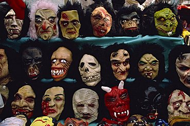 Rows of Halloween masks on sale, Mexico City, Mexico, North America