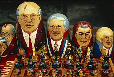 A group of Russian dolls depicting Russian politicians for sale on a stall in the Arbat and Raft Market, Moscow, Russia, Europe