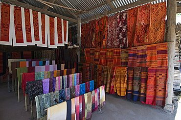 Silks for sale in village shop near Luang Prabang, Laos, Indochina, Southeast Asia, Asia