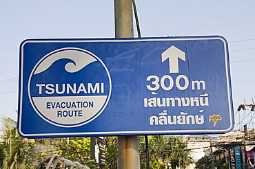 Tsunami sign giving escape information, Phuket, Thailand, Southeast Asia, Asia