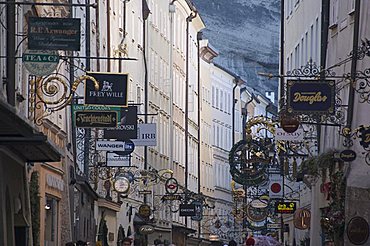 Signs in Getreidegasse, the main shopping street, Salzburg, Austria, Europe