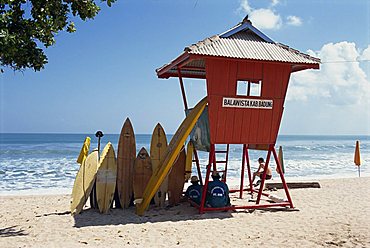 Surfboards stacked waiting for hire at Kuta beach on the island of Bali, Indonesia, Southeast Asia, Asia