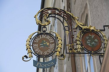 Signs in Getreidegasse the main shopping streeet, Salzburg, Austria, Europe