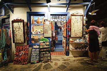 Shops in Skopelos Town at night, Skopelos, Sporades Islands, Greek Islands, Greece, Europe