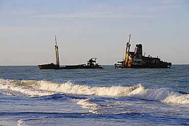 Ship wreck just off the beach near the Royal Lodge, Sine Saloum Delta, Senegal, West Africa, Africa