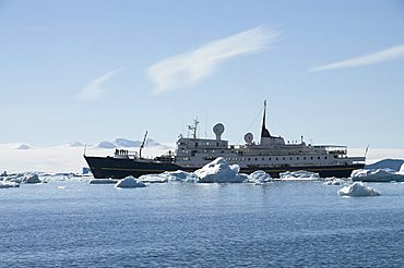 Tour ship in ice near Brown Bluff, Antarctic Peninsula, Antarctica, Polar Regions