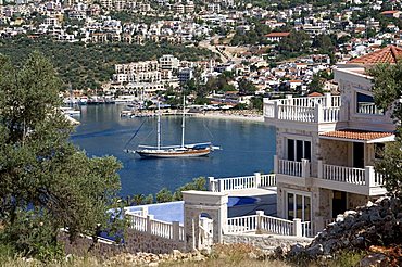 Gulet anchored at Kalkan, a popular tourist resort, Antalya Province, Anatolia, Turkey, Asia Minor, Eurasia