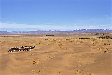 View over sand dunes, with black tents, near Tamegroute, Morocco, North Africa, Africa