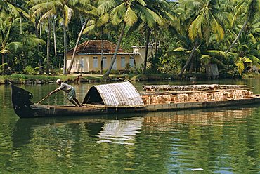 Barge on waterway, the Backwaters, Kerala, India