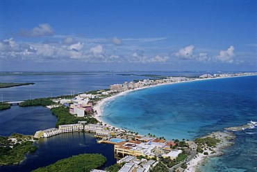 Aerial view of hotel area of resort, Cancun, Yucatan, Mexico, Central America