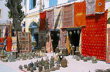 Carpets and metalware for sale, Essaouira, Morocco, North Africa, Africa