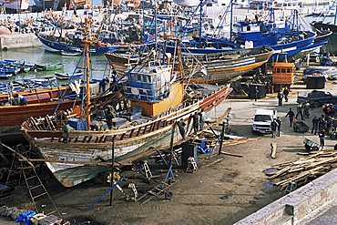 Boatbuilding in the fishing harbour, Essaouira, Morocco, North Africa, Africa