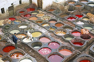 Elevated view over vats of dye, the tanneries, Fez, Morocco, North Africa, Africa