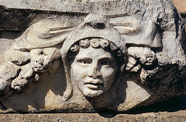 Detail of carved stone head, Aphrodisias, Anatolia, Turkey, Asia Minor, Asia