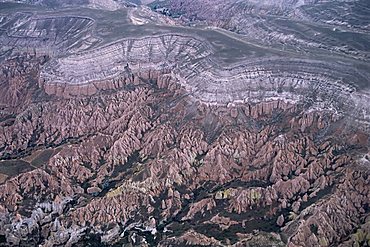 Looking down from hot air balloon, near Goreme, Cappadocia, Anatolia, Turkey, Asia Minor, Asia