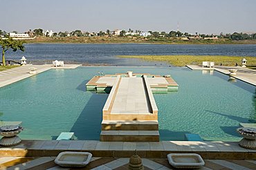 View of swimming pool at Udai Vilas Palace now a heritage hotel, Dungarpur, Rajasthan state, India, Asia