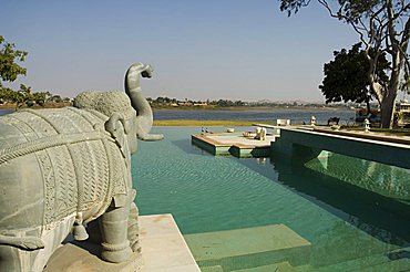 View of swimming pool at Udai Vilas Palace now a heritage hotel, Dungarpur, Rajasthan state, India, Asia