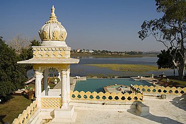 View of swimming pool at Udai Vilas Palace now a heritage hotel, Dungarpur, Rajasthan state, India, Asia