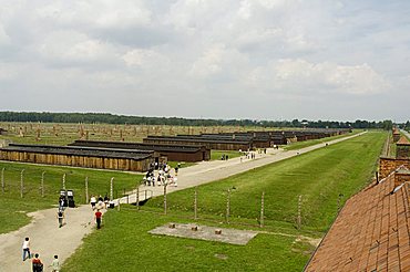 Wooden sheds, formerly stables for horses, that each held 500 prisoners, many now demolished, but chimneys still stand in the background, Auschwitz second concentration camp at Birkenau, UNESCO World Heritage Site, near Krakow (Cracow), Poland, Europe