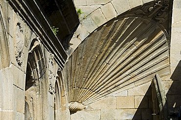 Detail of shell symbol of the pilgrimage, Santiago Cathedral from Plaza de Las Platerias, Santiago de Compostela, Galicia, Spain, Europe