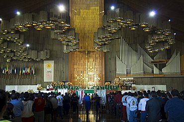 Interior of the Basilica de Guadalupe, a famous pilgrimage center capable of holding up to 10000 people, Mexico City, Mexico, North America