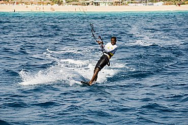 Kite surfing at Santa Maria on the island of Sal (Salt), Cape Verde Islands, Africa