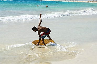 Beach surfing at Santa Maria on the island of Sal (Salt), Cape Verde Islands, Africa