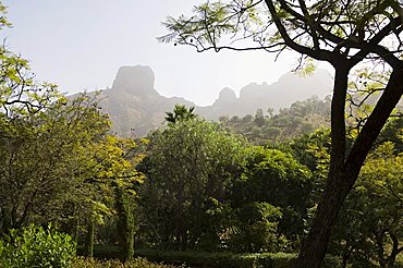 View of volcanic mountains near Sao Jorge dos Orgaos Botanical Garden, Santiago, Cape Verde Islands, Africa