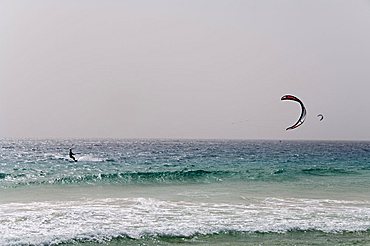 Kite surfing at Santa Maria on the island of Sal (Salt), Cape Verde Islands, Africa