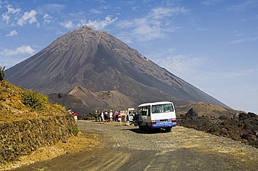 Tourists and the volcano of Pico de Fogo in the background, Fogo (Fire), Cape Verde Islands, Africa