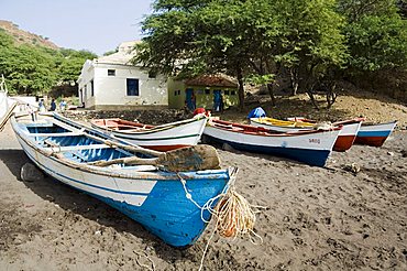 Fishing boats on beach at Cidade Velha, Santiago, Cape Verde Islands, Africa