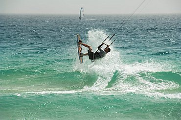 Kite surfing at Santa Maria on the island of Sal (Salt), Cape Verde Islands, Atlantic Ocean, Africa